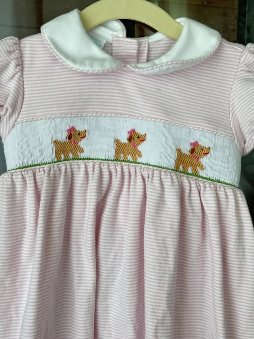 Edgehill Collection smocked dress puppy dogs striped peter pan collar baby girl